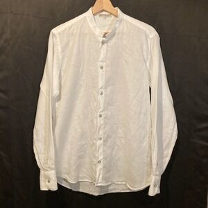 Mastro Moda Mens White Linen Band Collar Button Down Shirt Made in Italy Size M